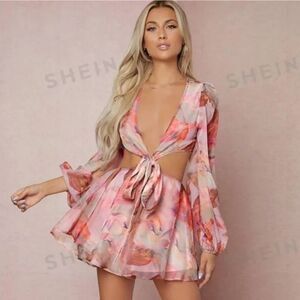 Lantern Sleeve Knot Cutout Waist Chiffon Romper Sexy Floral Dress Pink  XS